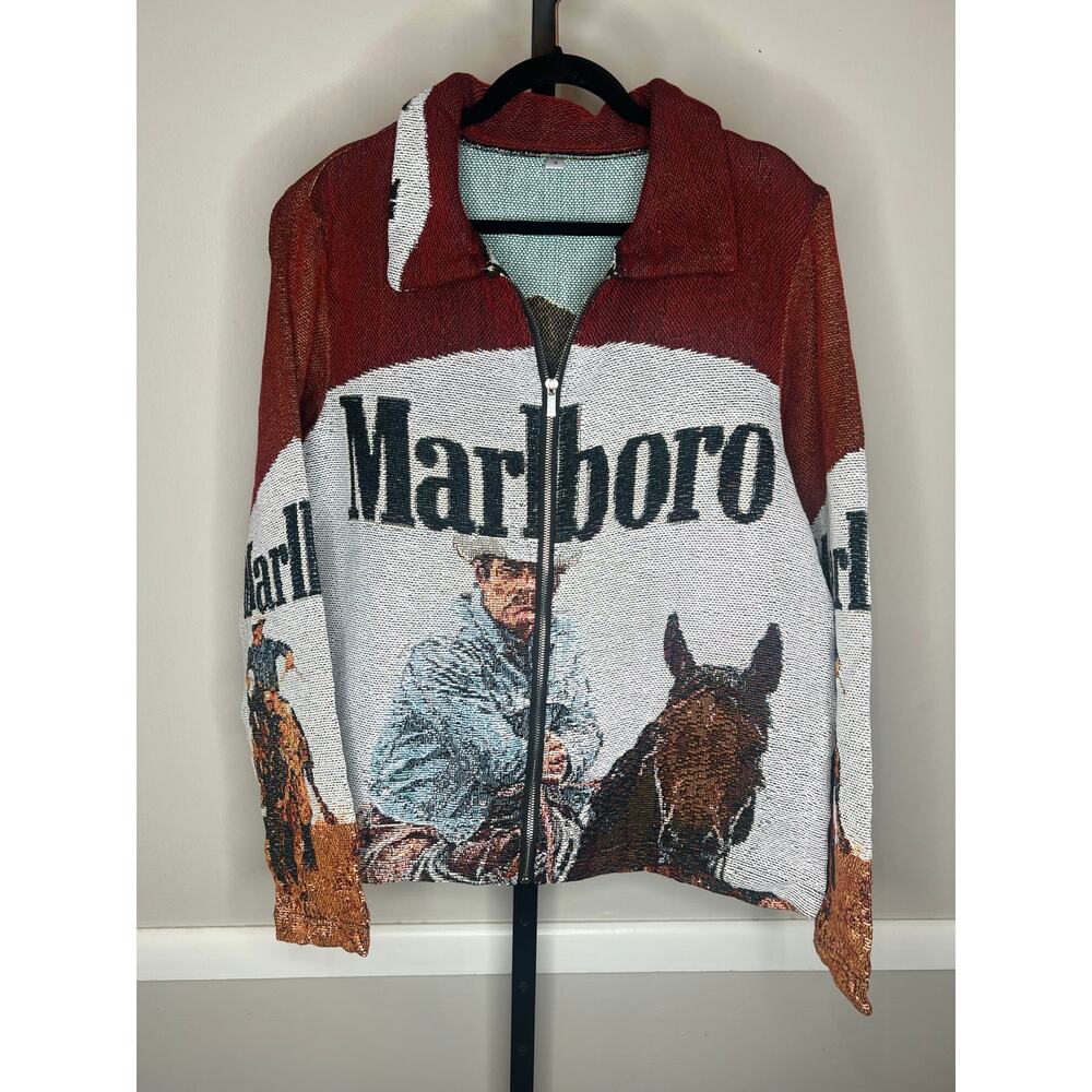 Marlboro Cowboy Tapestry Zip Jacket Western Graphic Size Medium - Picture 2 of 9
